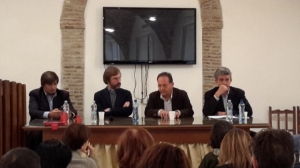 Un momento della conferenza stampa di presentazione. Da sx: l&#039;Assessore regionale Refrigeri, il Sindaco di Rieti Petrangeli, il Commissario Ater Rieti Maggi e il Dg Ater Rieti Lauretti